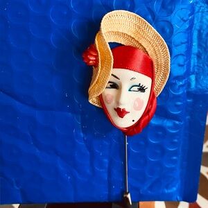 Vintage Style 1980’sPorcelain Face Pin with Red and Yellow accent Stick Pin